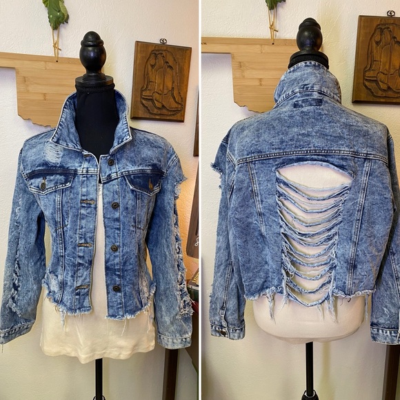 Thrill Jeans Distressed Fringe Acid Wash Denim Jacket 90s Grunge Emo Punk LARGE - Picture 1 of 9